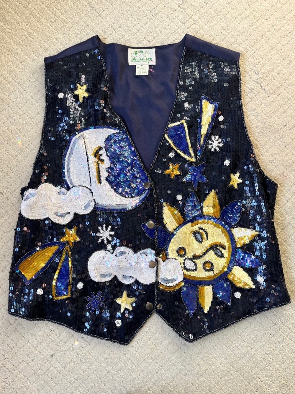 Vintage Sequin Celestial Vest Sun Moon Stars Beaded Artwear Boho Festival 1X